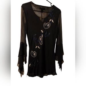 Vintage Silk Black Embroidered Beaded Paisley Sheer-Sleeve Top Blouse Medium